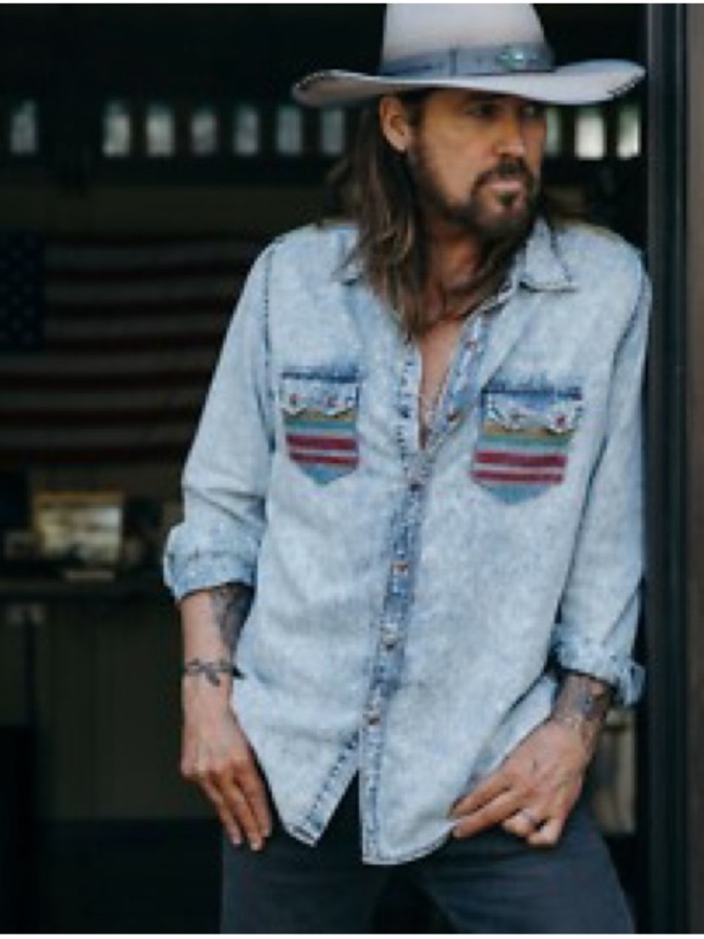 Men's Light Blue Denim-Style Button Down Shirt with Embroidered Pockets